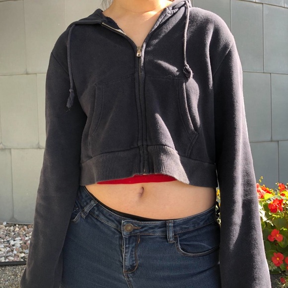 Brandy Melville Navy Blue Cropped Zip-up Hoodie w/ stripes on sleeves - Picture 1 of 10
